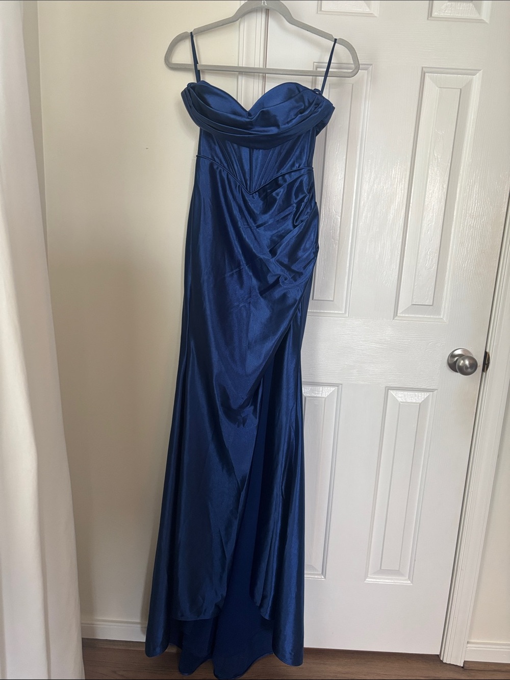 Elegant Navy Satin Evening Gown - Strapless with  Spaghetti Strap back Dress